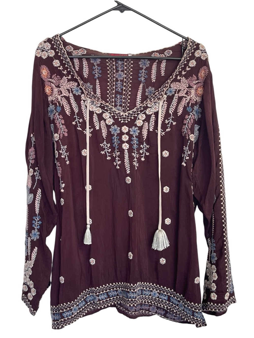 Johnny Was XL Embroidered Floral Boho Tunic Blouse Burgundy Tassel